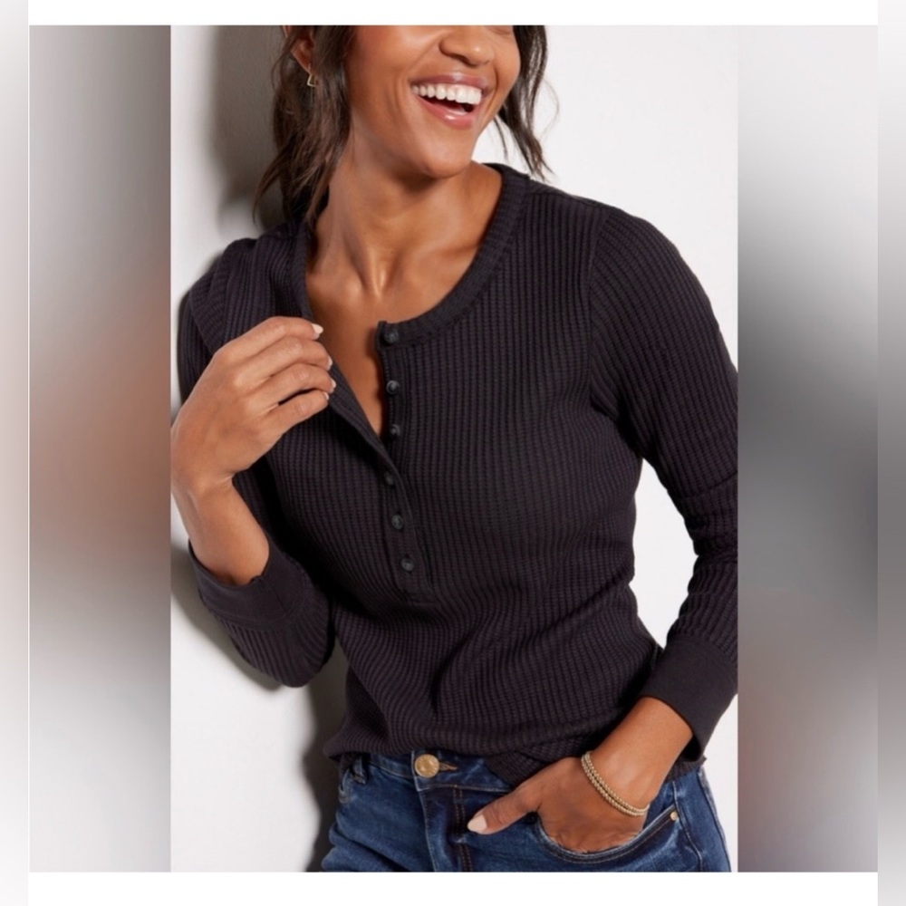 Faherty Charcoal Waffle Henley Long Sleeve Button Neckline Raw Hem Size L - Picture 2 of 13